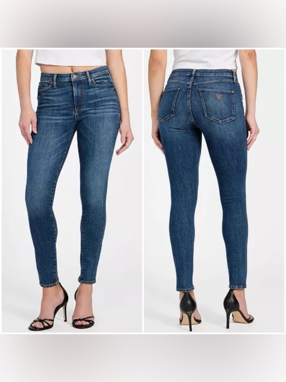 Guess Leather Triangle Logo Classic High-Rise Retro Skinny Jeans in Maya Bay 25